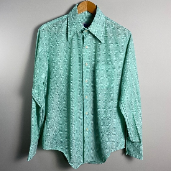 Vintage BVD Men's Peppermint Green Psychedelic Print Button Up LS Shirt Size 16 - Picture 1 of 13